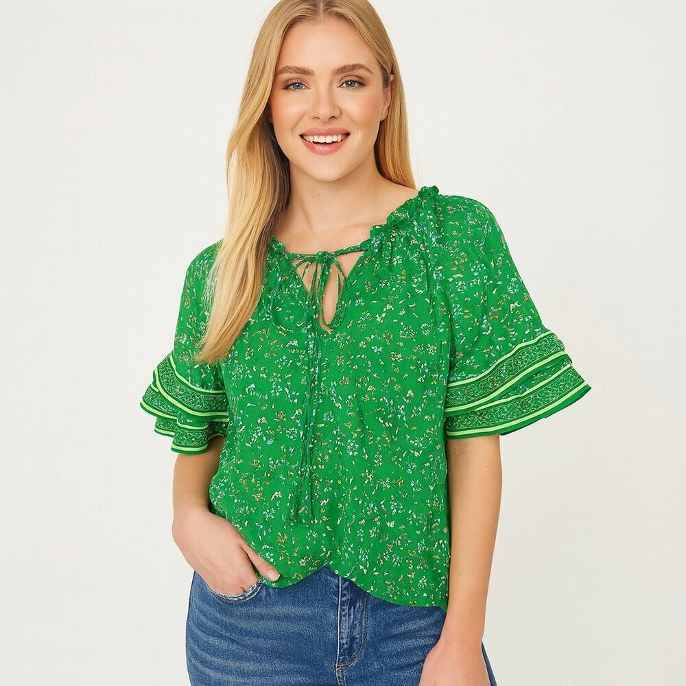 Max Studio Green Floral Peasant Blouse Ruffle Sleeve Tassel Tie Boho Top 1X - Picture 13 of 14